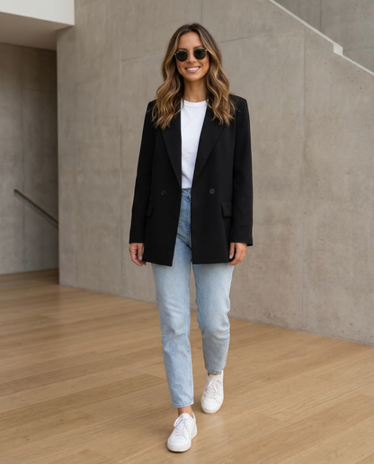 Women’s Classic Tailored Black Blazer – Elegant Double-Breasted Casual Chic Jacket