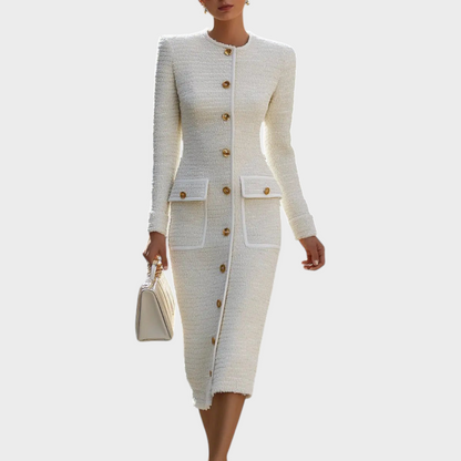 Ashley | Ivory Tweed Button-Down With Patch Pockets - Midi Dress