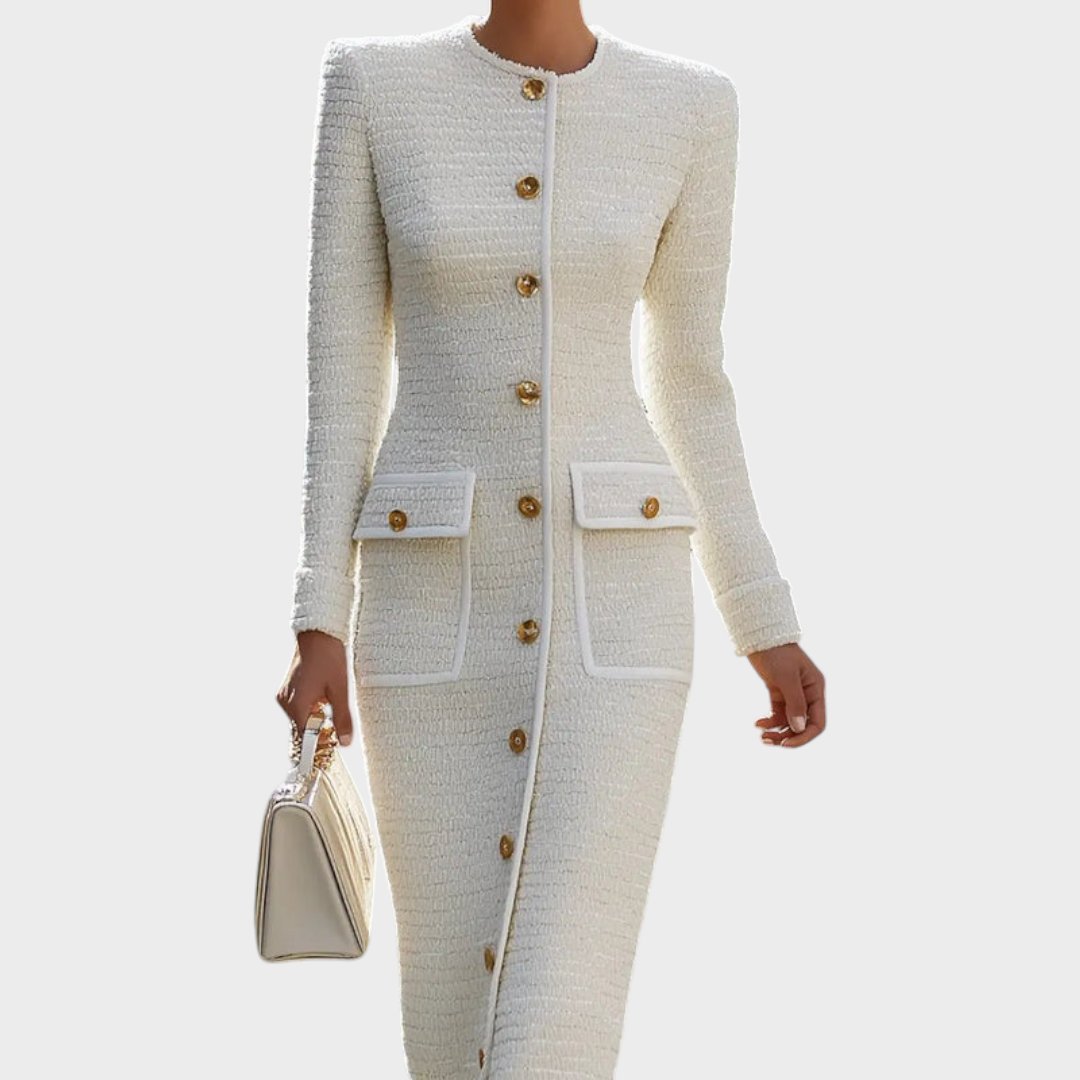 Ashley | Ivory Tweed Button-Down With Patch Pockets - Midi Dress