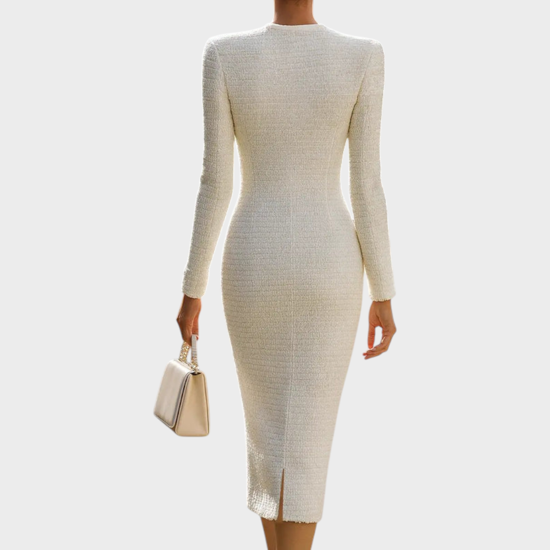 Ashley | Ivory Tweed Button-Down With Patch Pockets - Midi Dress