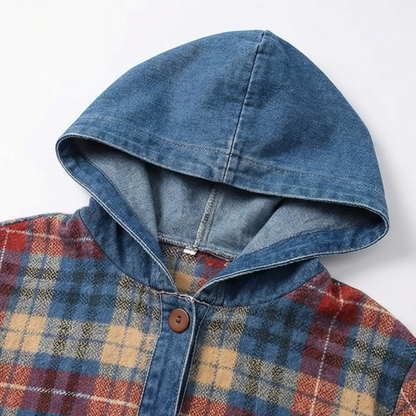 Jessy – Women’s Contrast Denim Plaid Hooded Jacket