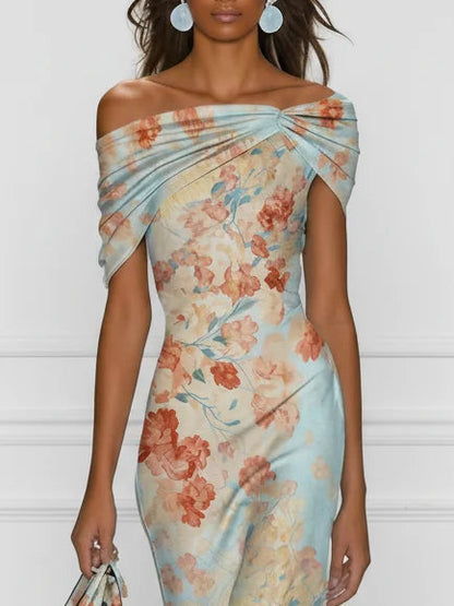 Vittoria - Midi Mermaid Dress Without Sleeves with Off-Shoulder and Blue Floral Pattern