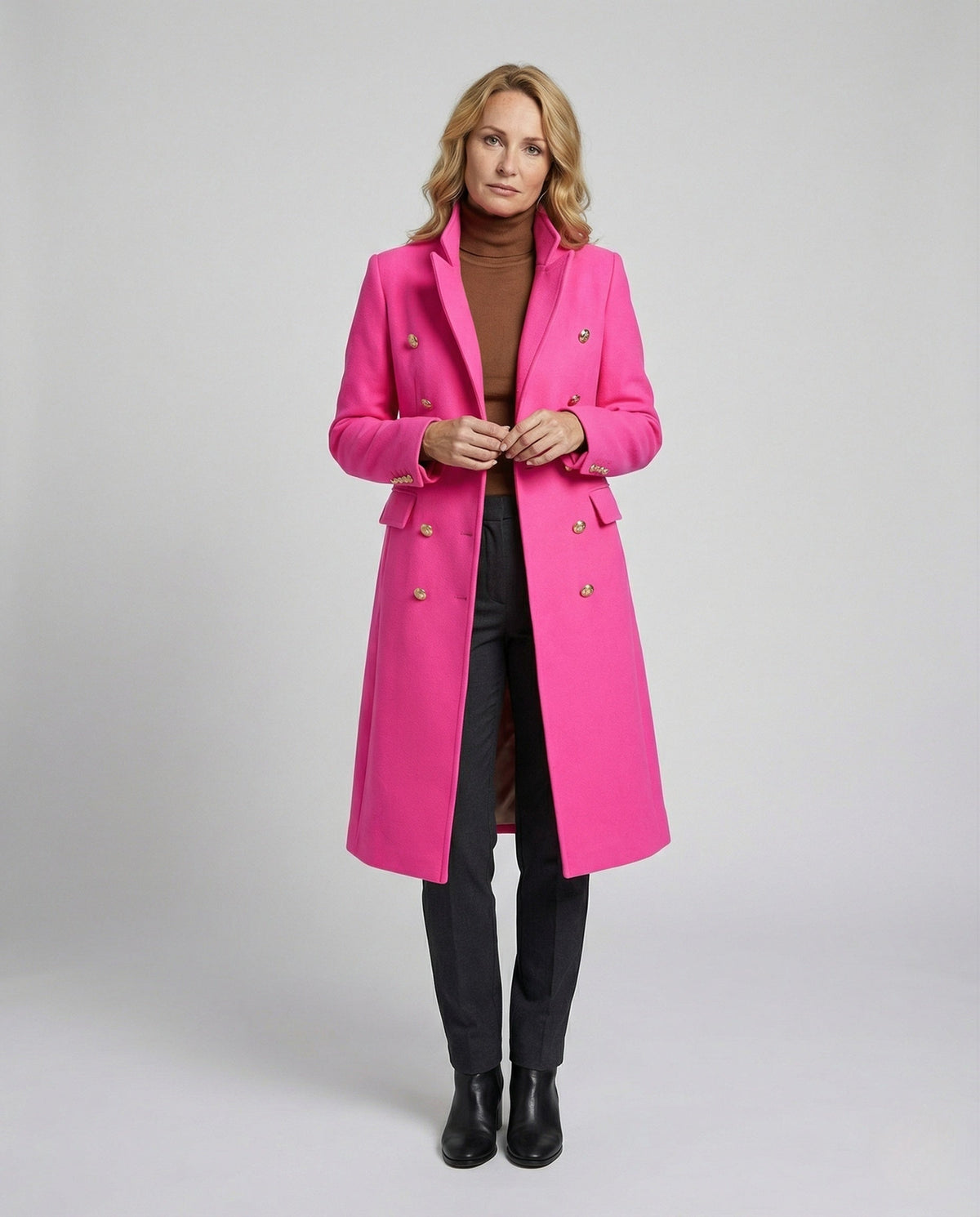 Women's Double-Breasted Long Blazer Coat with Notched Lapel