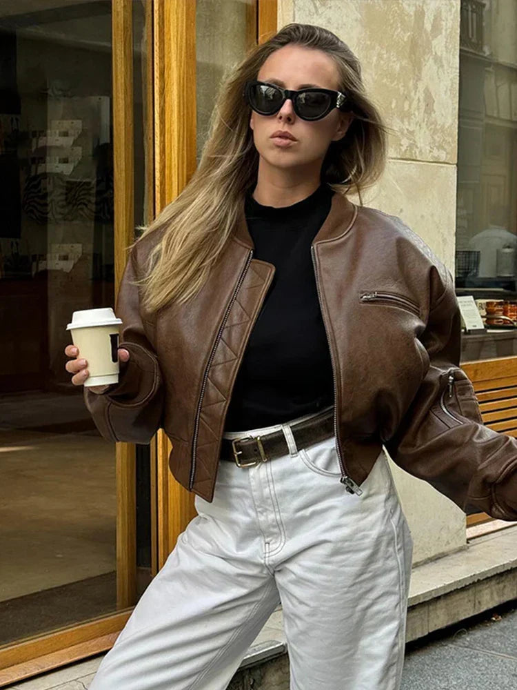 Women's Cropped Vintage Faux Leather Bomber