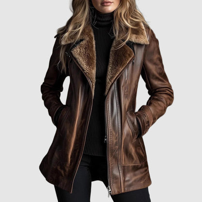 Samara - Women's Leather Jacket with Shearling Fur Collar & Zip Front