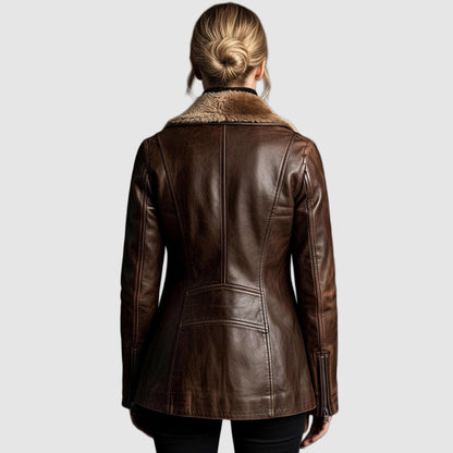 Samara - Women's Leather Jacket with Shearling Fur Collar & Zip Front