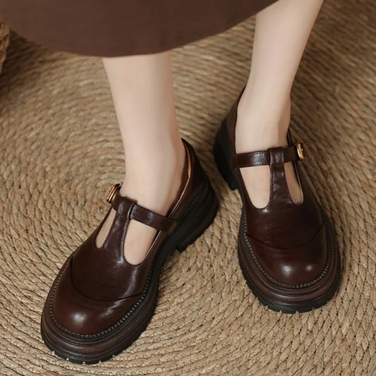 Blythe | Women's T-Bar Mary Jane Shoes Round Toe Brogue Low Heel