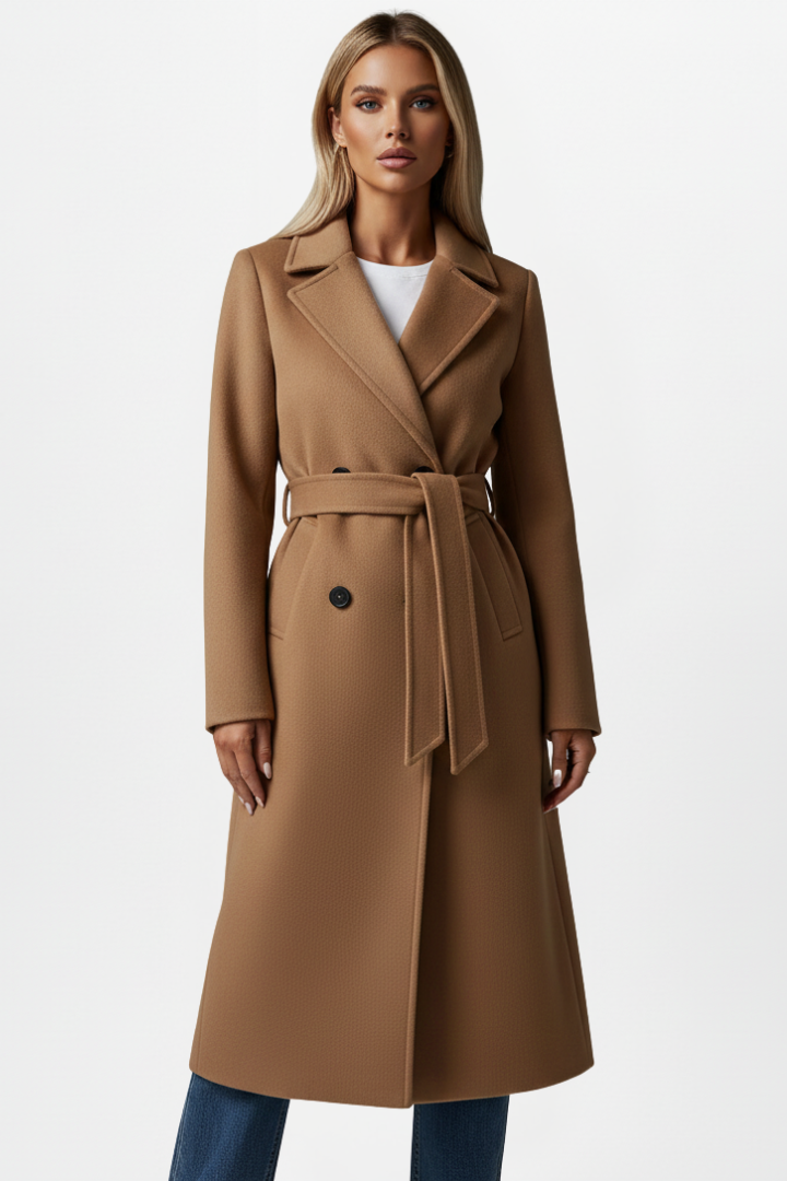 Women’s Long Coat with Belt and Double-Breasted Front