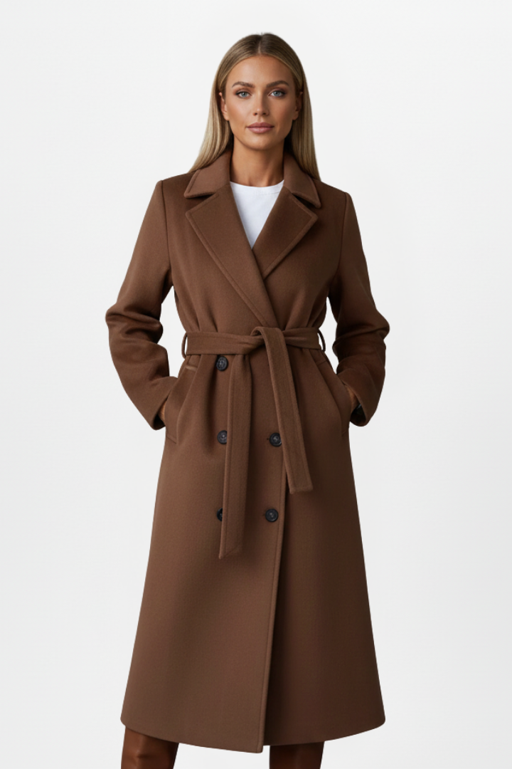 Women’s Long Coat with Belt and Double-Breasted Front