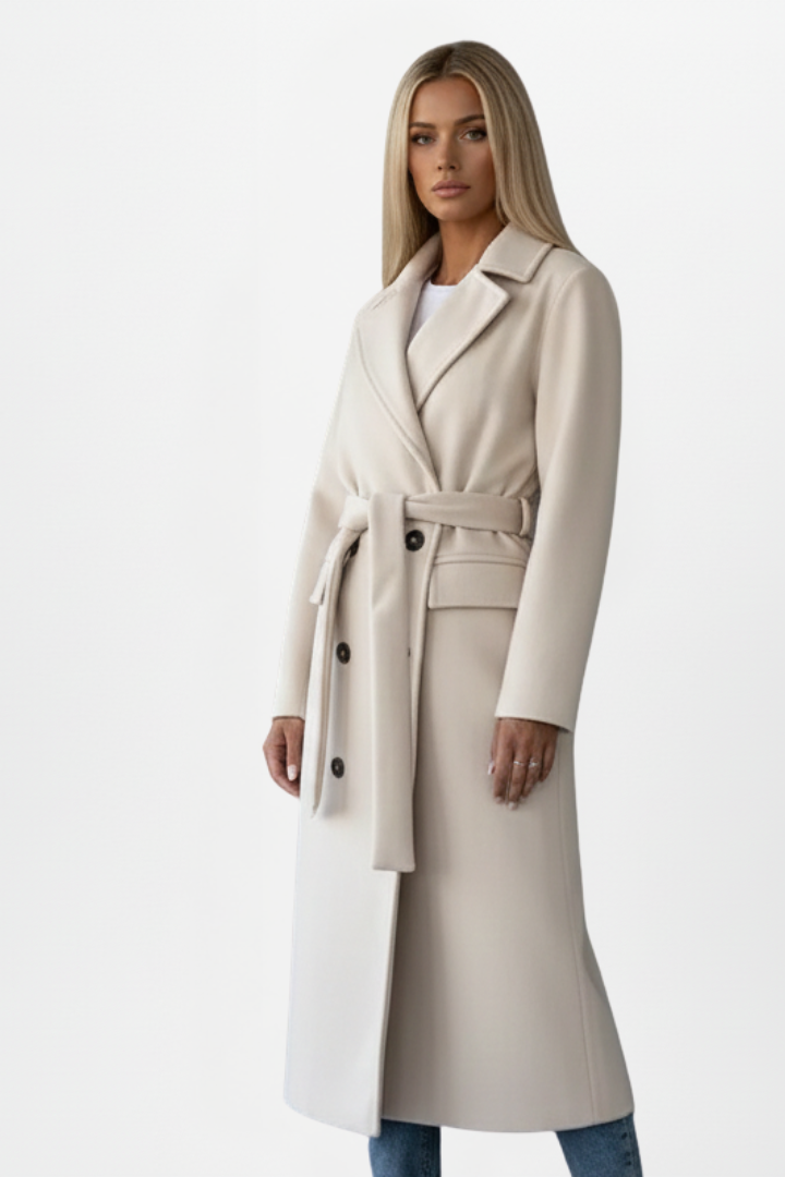 Women’s Long Coat with Belt and Double-Breasted Front