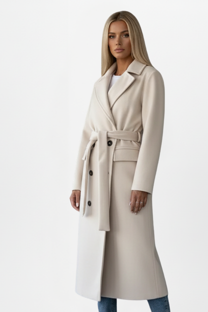Women’s Long Coat with Belt and Double-Breasted Front