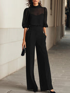 Valentina • Black Three-Piece Set with Sheer Camisole Top and Wide-Leg Trousers • S1