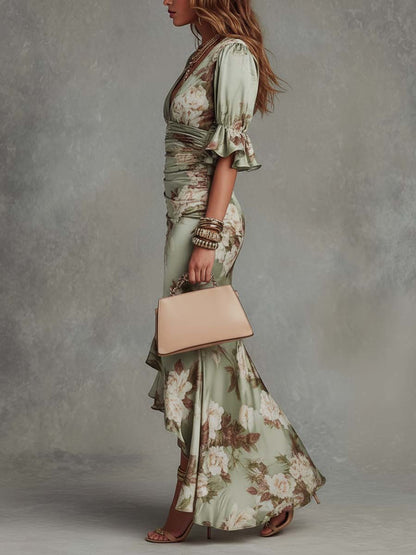 Anna - Asymmetrical long dress in green satin with V-neck, flared puff sleeves, and floral pattern