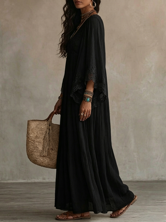 Ambra | Black V-Neck Maxi Dress with Batwing Sleeves