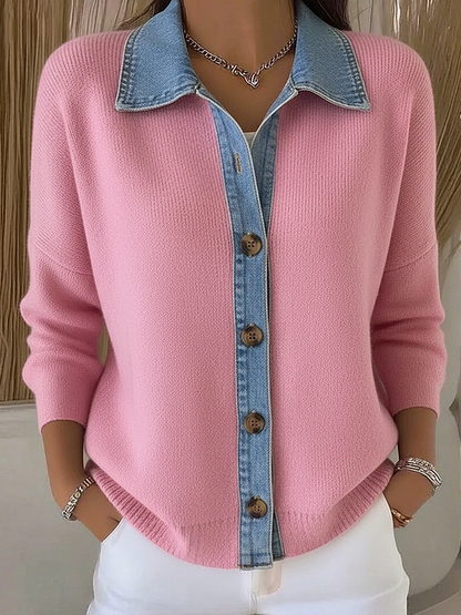 Emma | Knit Cardigan with Polo Collar and Denim Patches