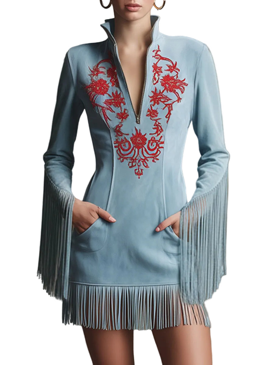 Angela | Western Retro Red Embroidered Blue Faux Suede Long-Sleeved Tassel Mini Dress