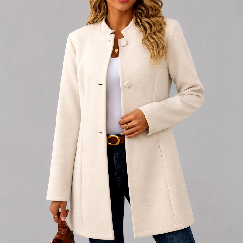 Alanna - Women's Stand-Collar Button-Front Mid-Length Coat