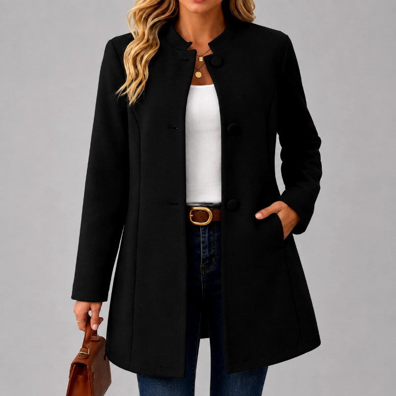 Alanna - Women's Stand-Collar Button-Front Mid-Length Coat