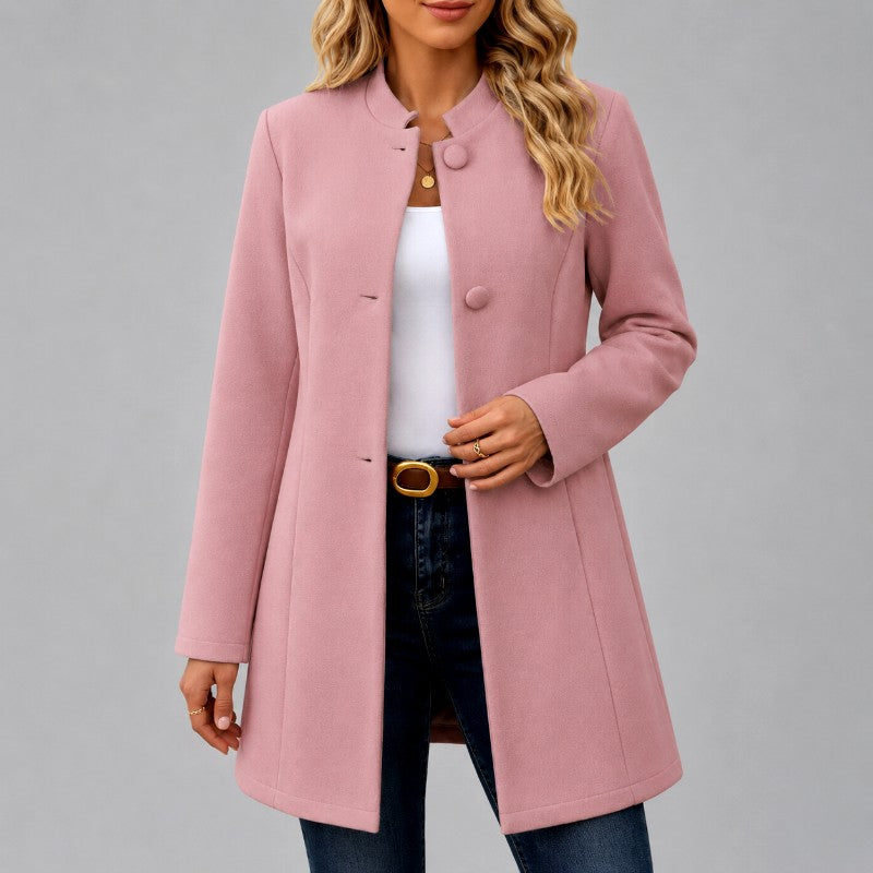 Alanna - Women's Stand-Collar Button-Front Mid-Length Coat