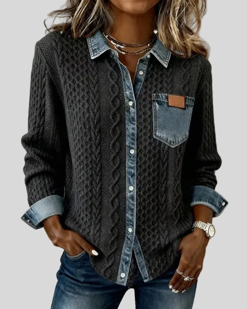 Alice | Knit Denim Shirt with Button Front and Chest Pocket