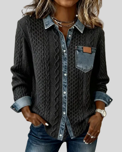 Alice | Knit Denim Shirt with Button Front and Chest Pocket