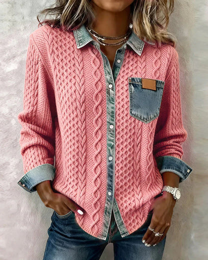 Alice | Knit Denim Shirt with Button Front and Chest Pocket