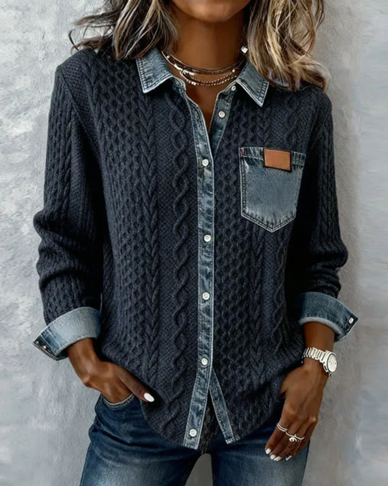 Alice | Knit Denim Shirt with Button Front and Chest Pocket