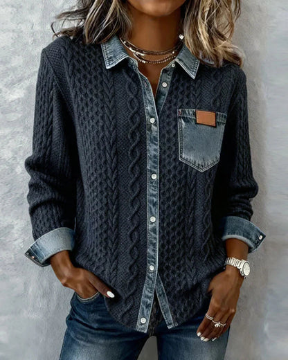 Alice | Knit Denim Shirt with Button Front and Chest Pocket