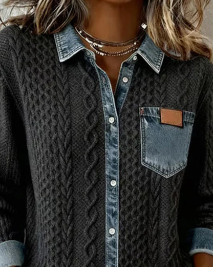Alice | Knit Denim Shirt with Button Front and Chest Pocket
