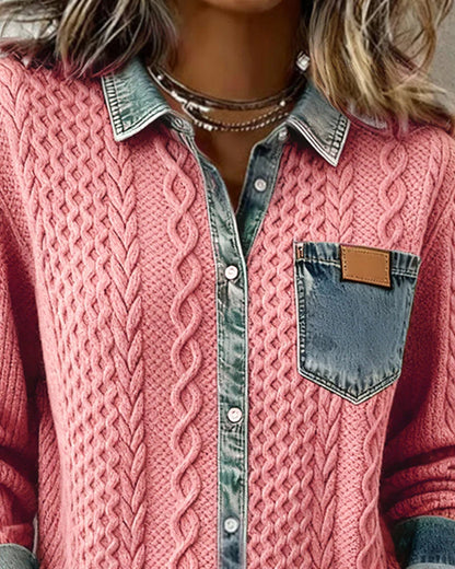 Alice | Knit Denim Shirt with Button Front and Chest Pocket