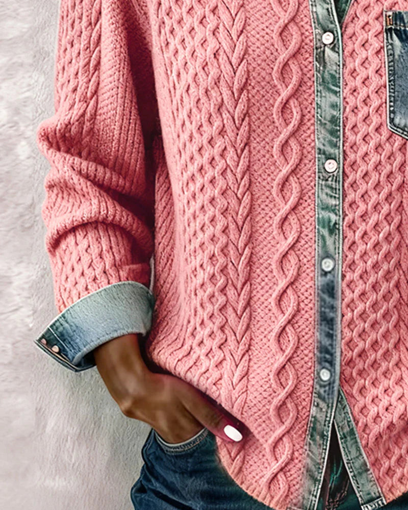 Alice | Knit Denim Shirt with Button Front and Chest Pocket