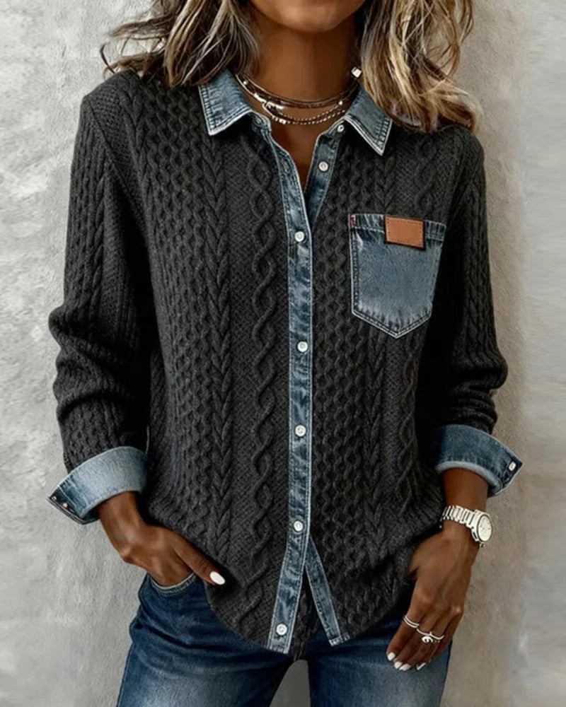 Alice | Knit Denim Shirt with Button Front and Chest Pocket