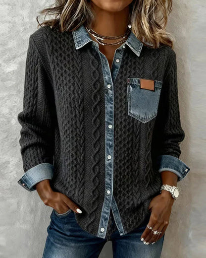 Alice | Knit Denim Shirt with Button Front and Chest Pocket