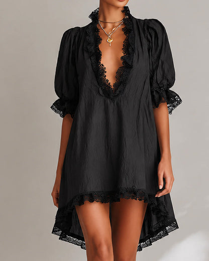 Elodie | Lace-Trim V-Neck Mini Dress