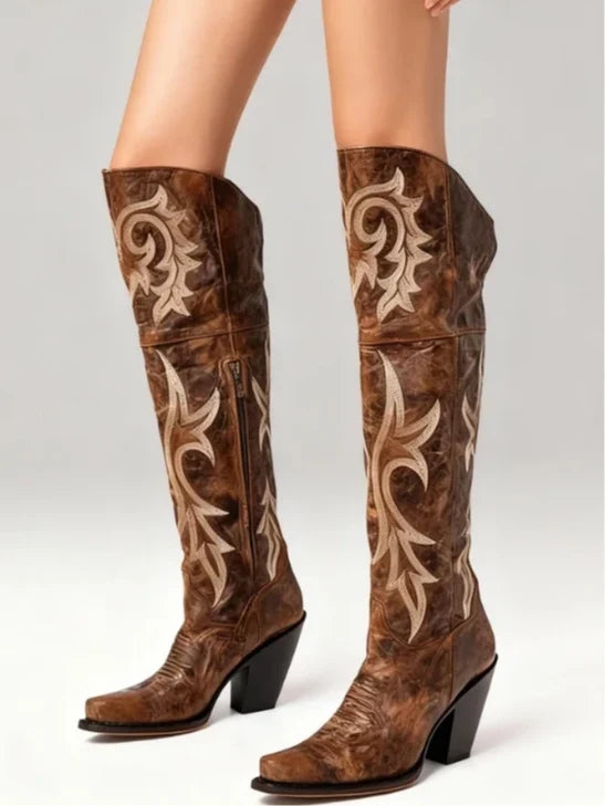 Boots For Women | Brown Leather Western Pointed Toe High Heel
