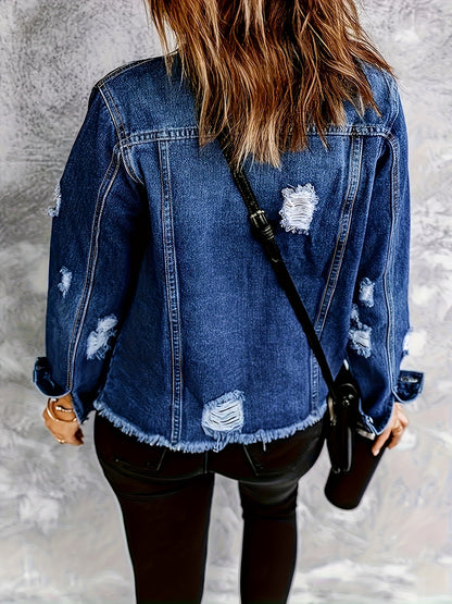 Distressed Denim Jacket for Women in Deep Blue Wash with Frayed Hem