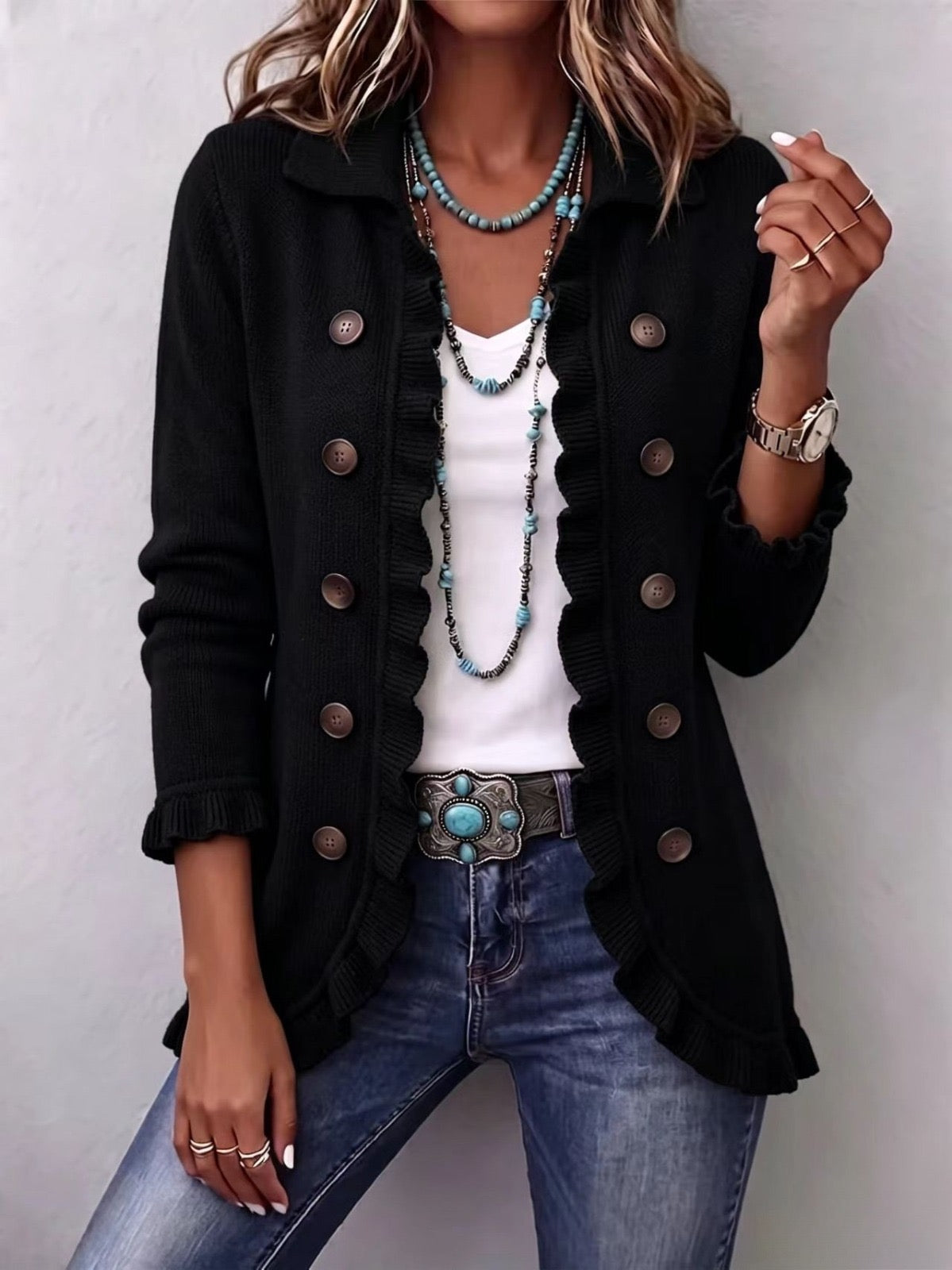 Camille | Jet Black Ribbed Knit Ruffle Jacket