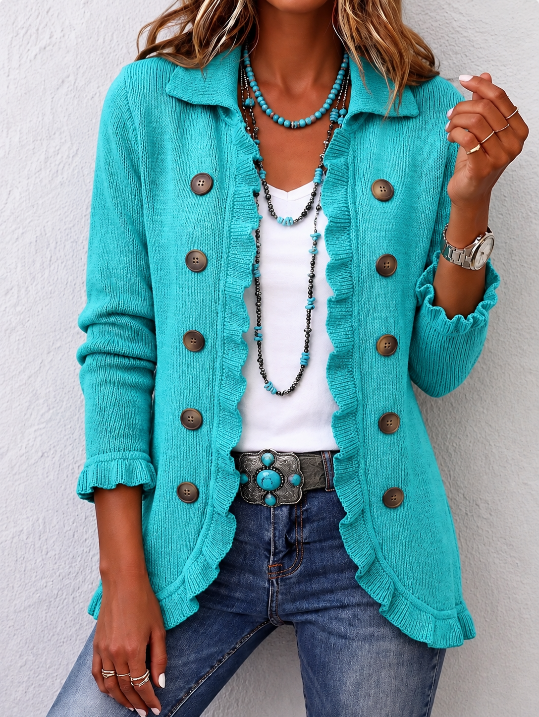 Maribel | Turquoise Ribbed Knit Ruffle Jacket
