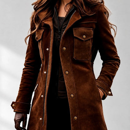 Courteney - Women's Suede Longline Jacket with Flap Pockets