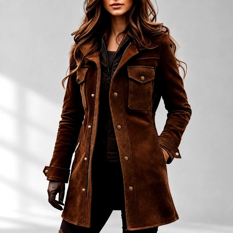 Courteney - Women's Suede Longline Jacket with Flap Pockets