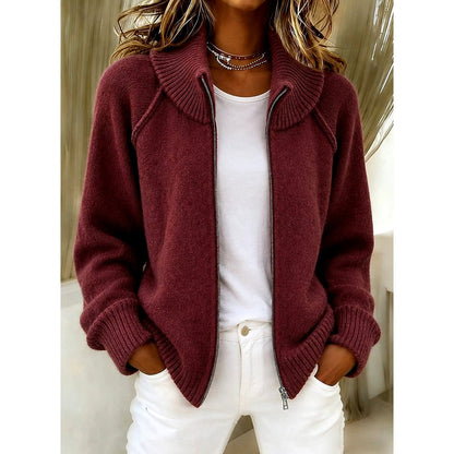 Daphne - Women's Zip-Up High Collar Knit Cardigan