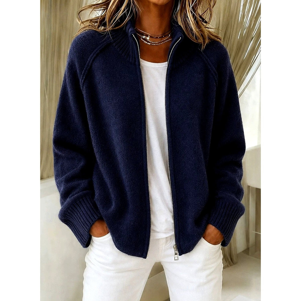 Daphne - Women's Zip-Up High Collar Knit Cardigan