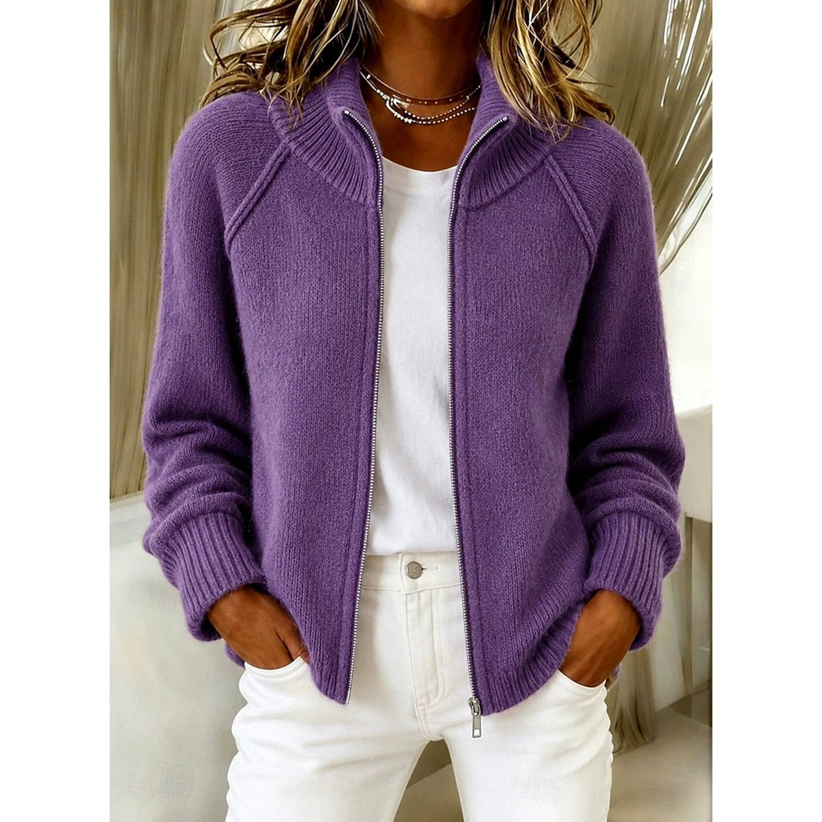 Daphne - Women's Zip-Up High Collar Knit Cardigan