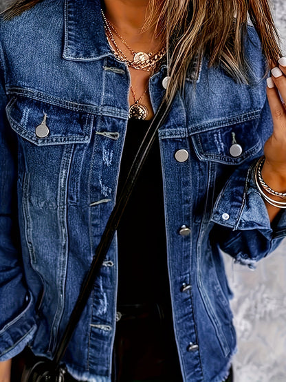 Distressed Denim Jacket for Women in Deep Blue Wash with Frayed Hem