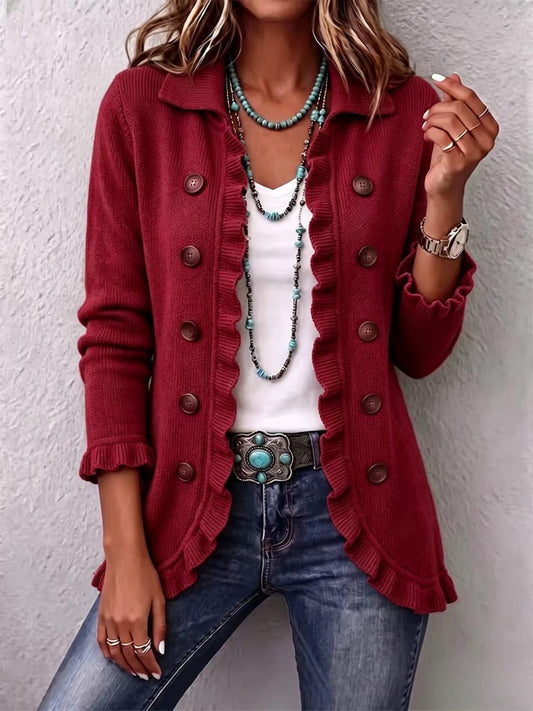 Rosalie | Ruby Red Ribbed Knit Ruffle Jacket