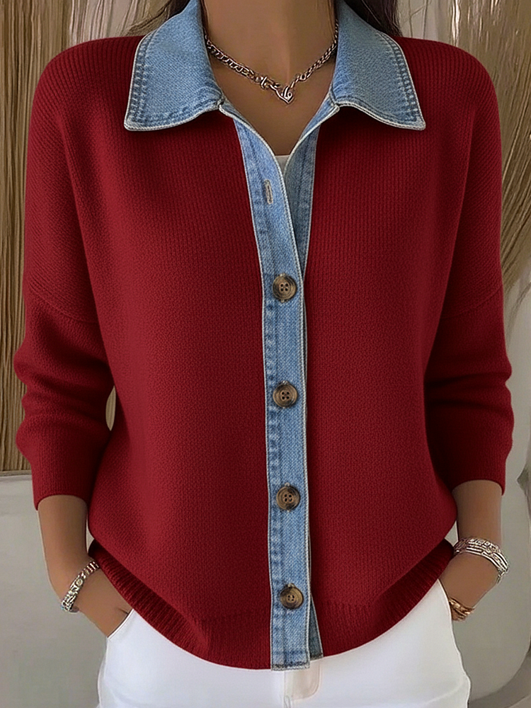 Emma | Knit Cardigan with Polo Collar and Denim Patches