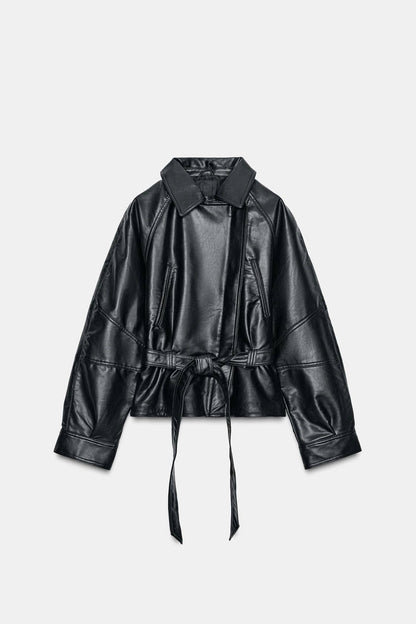MARVENA Leather Look Peplum Jacket