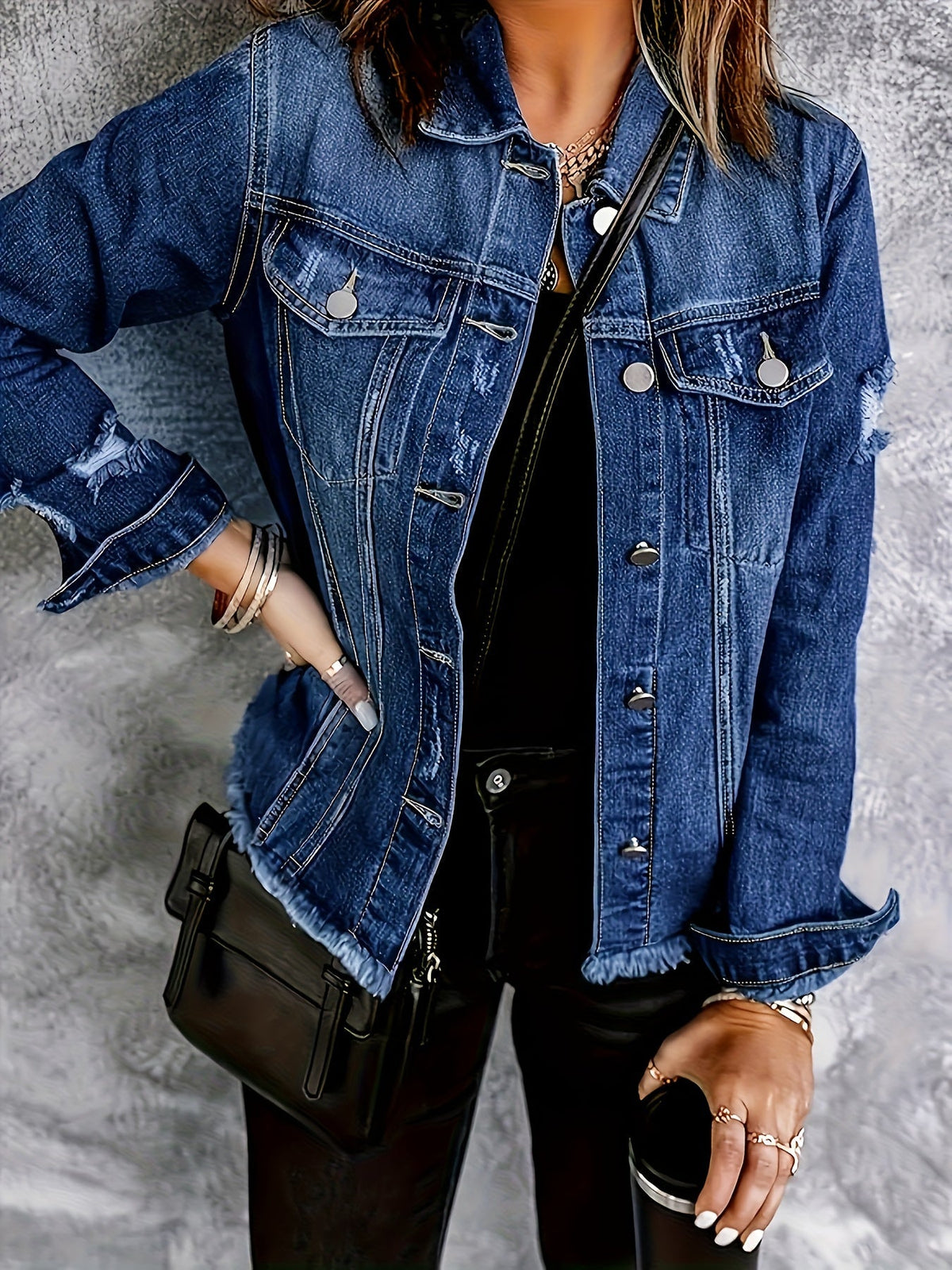 Distressed Denim Jacket for Women in Deep Blue Wash with Frayed Hem