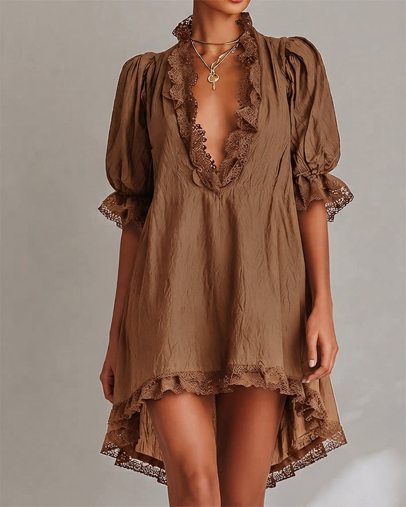 Elodie | Lace-Trim V-Neck Mini Dress