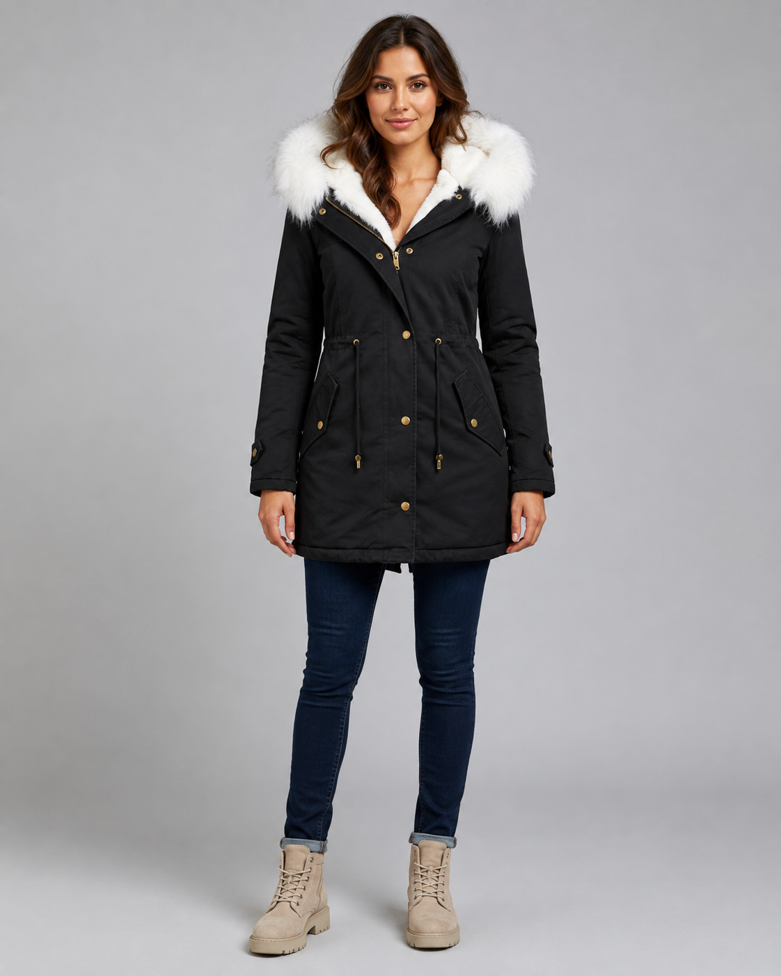 Fur Trim Hooded Long Parka Jacket with Drawstring Waist